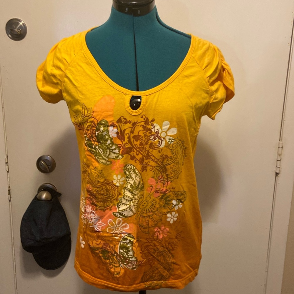 JR’S XL Embellised T-Shirt Orange/dip dyed keyhole front short sleeves blue same
